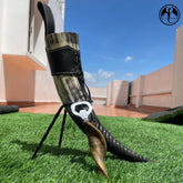 Viking Drinking Horn with Iron Stand, Horn Opener, Genuine Leather Belt Holster and Gift Bag